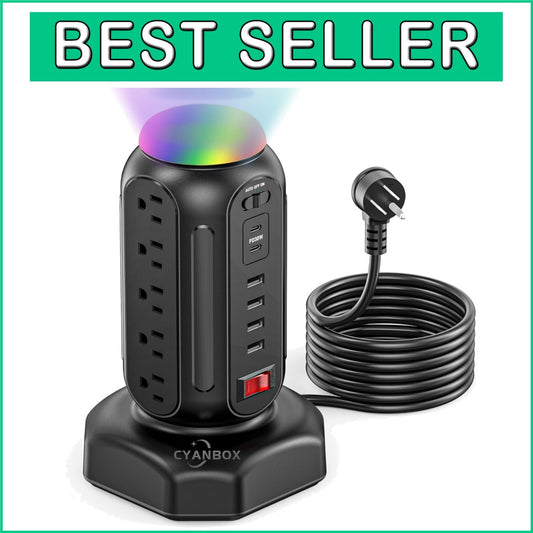 21-in-1 Surge Protector Power Strip Tower with RGB Night Light & Fast Charging
