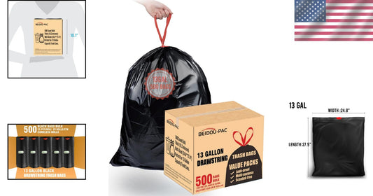 Durable 13 Gallon Trash Bags with Drawstring Closure - 500 Pack Value Option