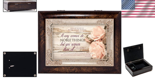 Stylish Rectangular Musical Jewelry Box in Brown Burlwood - Perfect for Earrings