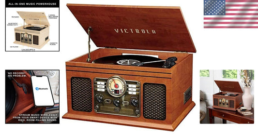 3-Speed Mahogany Record Player with Bluetooth | CD, Cassette & FM Radio Included