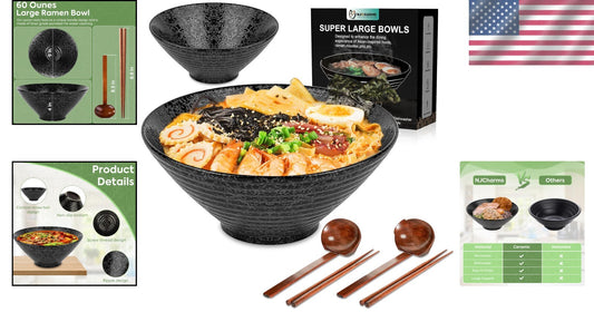 Authentic Japanese Ramen Bowl Set of 2 - 60 oz Ceramic with Spoons & Chopsticks