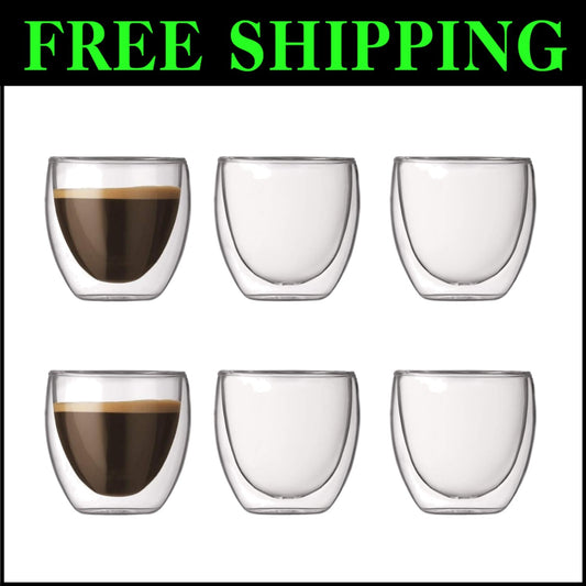 Elegant Double Wall Espresso Glasses - 2.5oz Borosilicate Set of 6