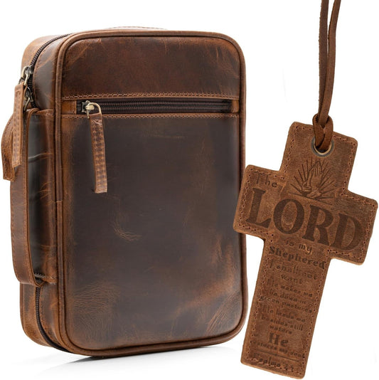 Durable Top Grain Leather Bible Carrying Case with Zipper - Perfect Gift Idea