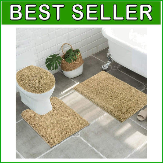 3pc Non-Slip Shaggy Chenille Bath Mat Set in Beige with Toilet Rug and Lid Cover