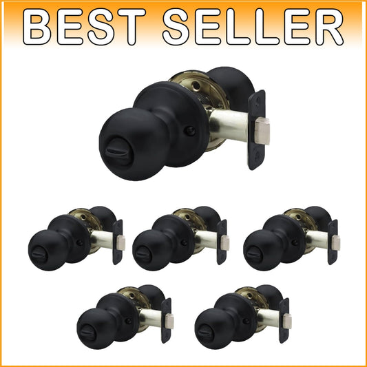 6-Pack Matte Black Round Door Knobs with Privacy Lock - Ideal for Bedroom & Bath