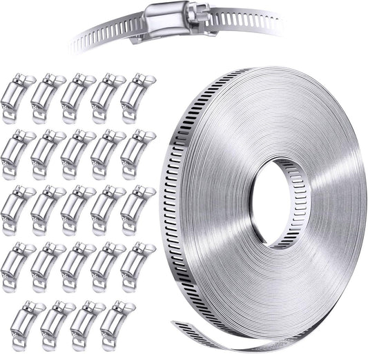 304 Stainless Steel Hose Clamp Kit - 50 FT Adjustable Strap with 24 Fasteners