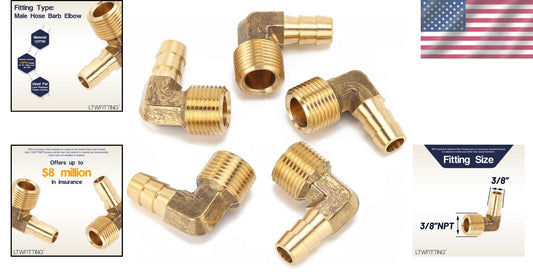 Durable 90° Brass Barb Elbow Hose Fitting, 3/8" ID X 3/8" Male NPT - 200 Pack