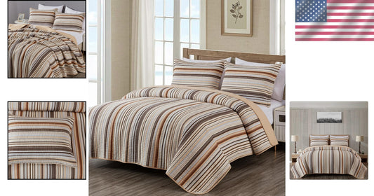 Avery Oversized King 3-Piece Cotton Quilt Set - Multi-Color Striped Elegance