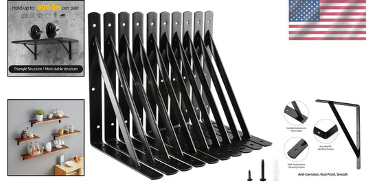 Durable Black Steel Shelf Brackets, 10-Pack 12" x 8" Heavy Duty 600 lb Support