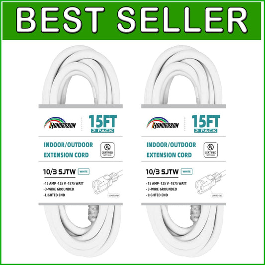 2 Pack 15FT UL Listed Heavy Duty Extension Cords with Light Indicator for Safety