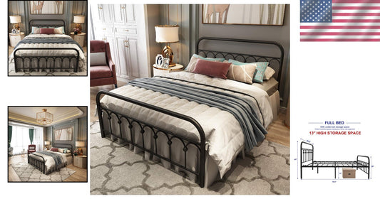 Classic Full Size Metal Bed Frame with Vintage Headboard & Squeak-Resistant Base