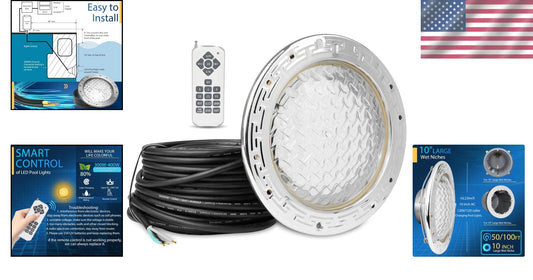 Color-Changing Waterproof Pool Light with Remote & 50ft Cord for 10" Niches