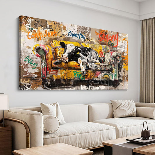 Colorful 24x48 IN Cow Graffiti Print - Fun Wall Art for Game Rooms or Offices