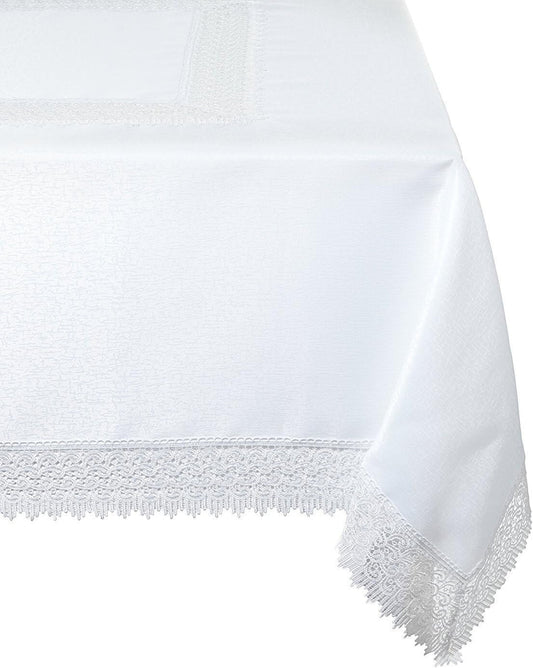 Sophisticated White Rectangular Tablecloth 70" x 105" with Elegant Lace Border