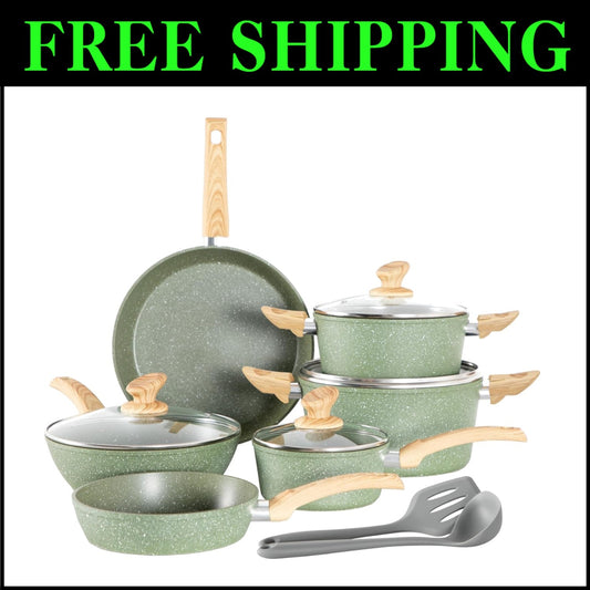 Complete 12-Piece Green Cooking Set - Granite Nonstick Pots & Pans Included