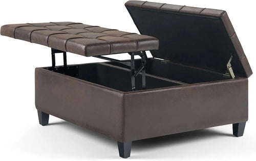 36'' Square Coffee Table Lift Top Storage Ottoman, Distressed Brown Faux Leather
