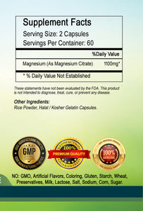 Magnesium Citrate 1100mg Serving 100% Pure 120 Capsules Big Bottle USA Shipping PL