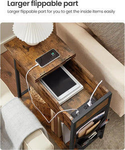 Modern Side Table with Storage & Fabric Bag - End Table Nightstand with USB Ports & Outlets