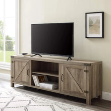 Load image into Gallery viewer, Grey Wash Modern Farmhouse Double Barn Door TV Stand, 70 Inch, for TVs up to 80 Inches