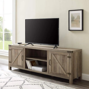 Grey Wash Modern Farmhouse Double Barn Door TV Stand, 70 Inch, for TVs up to 80 Inches