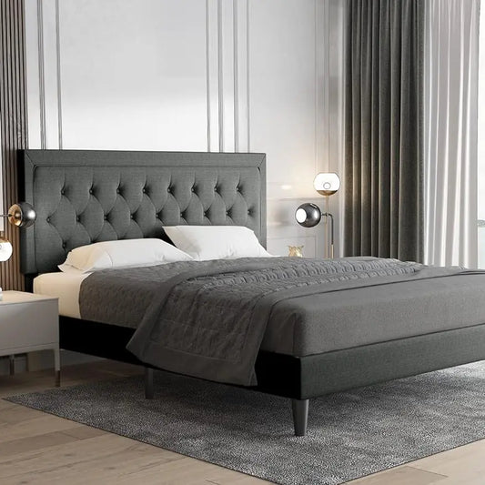 King Size Platform Bed Frame, Fabric Upholstered with Diamond Button Tufted Headboard
