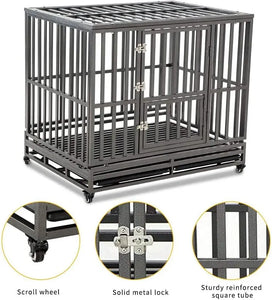 Metal Dog Cage Kennel for Medium/Large Dogs, Heavy Duty Crate with Wheels