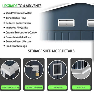 10x12x7.5ft Steel Outdoor Storage Shed - Lockable Doors, Garden Backyard Patio Utility