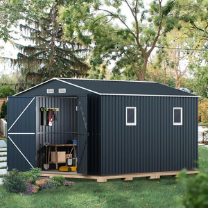 10x12x7.5ft Steel Outdoor Storage Shed - Lockable Doors, Garden Backyard Patio Utility