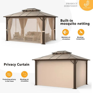 10'x12' Double Roof Gazebo - Permanent Aluminum Frame with Netting, Curtains, Polycarbonate