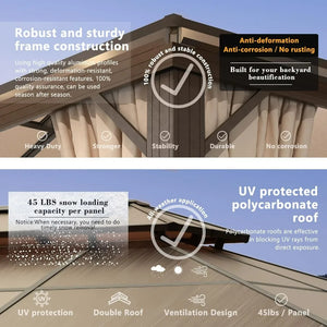 10'x12' Double Roof Gazebo - Permanent Aluminum Frame with Netting, Curtains, Polycarbonate