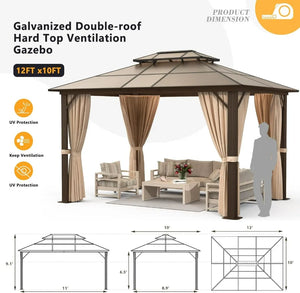 10'x12' Double Roof Gazebo - Permanent Aluminum Frame with Netting, Curtains, Polycarbonate