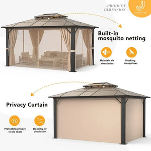 10'x12' Outdoor Gazebo, Double Roof Design with Aluminum Frame, Netting and Curtains