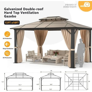 10'x12' Outdoor Gazebo, Double Roof Design with Aluminum Frame, Netting and Curtains