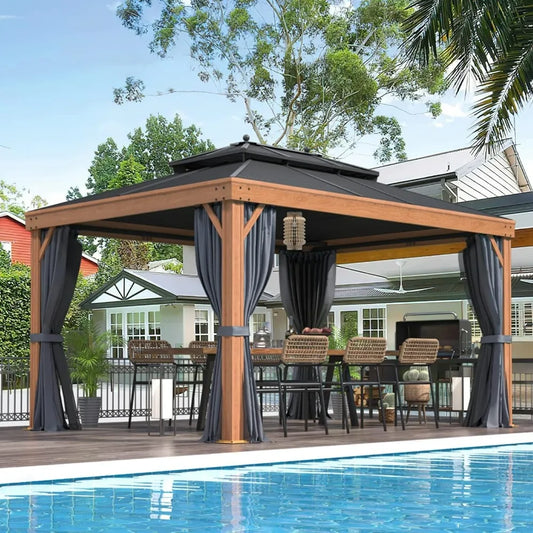 Outdoor Hardtop Gazebo 10'x13' - Aluminum Wood Grain Frame, Galvanized Steel Roof, Net, Curtains