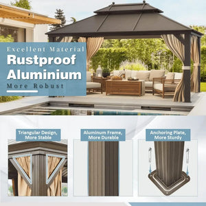 10'x13' Galvanized Steel Outdoor Gazebo - Double Roof Aluminum Frame, Canopy with Netting