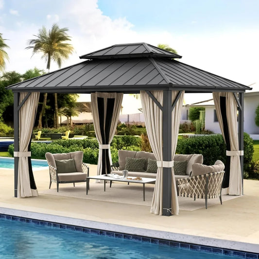 Elegant 10x12 Hardtop Gazebo - Steel Double Roof, Aluminum Frame, Netting and Curtains