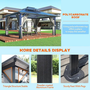 Durable 10x13ft Patio Gazebo - Aluminum Frame, Heavy-Duty Roof, Netting & Curtains