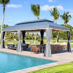 10x20 Ft Outdoor Gazebo - Double Roof, Steel Frame, Netting, Shade Curtains for Garden