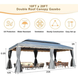 10x20 Ft Outdoor Gazebo - Double Roof, Steel Frame, Netting, Shade Curtains for Garden