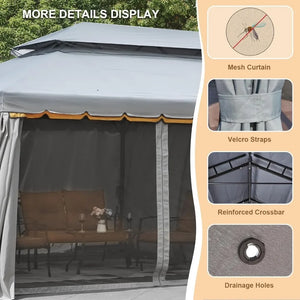 10x20 Ft Outdoor Gazebo - Double Roof, Steel Frame, Netting, Shade Curtains for Garden