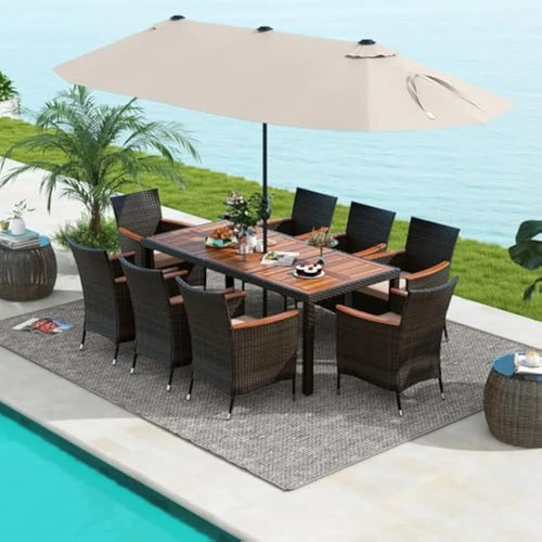 11 Pc Patio Dining Set - 15ft Umbrella, Heavy Duty Wood Table, Stackable Wicker Chairs