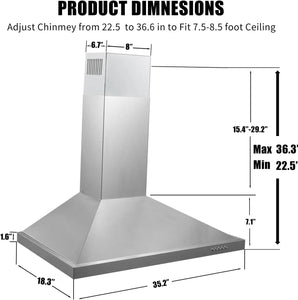 Stainless Steel Vent Hood - 36", Wall Mounted, Ducted/Ductless Kitchen with Push Button Control