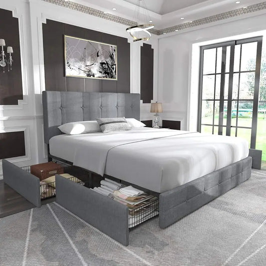 Upholstered Full Size Bed Frame with Headboard - Square Stitched Button Tufted, 4 Storage Drawers