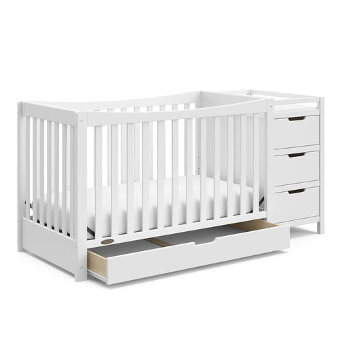 White 4-in-1 Convertible Crib with Drawer Changer Crib Change Table Combination