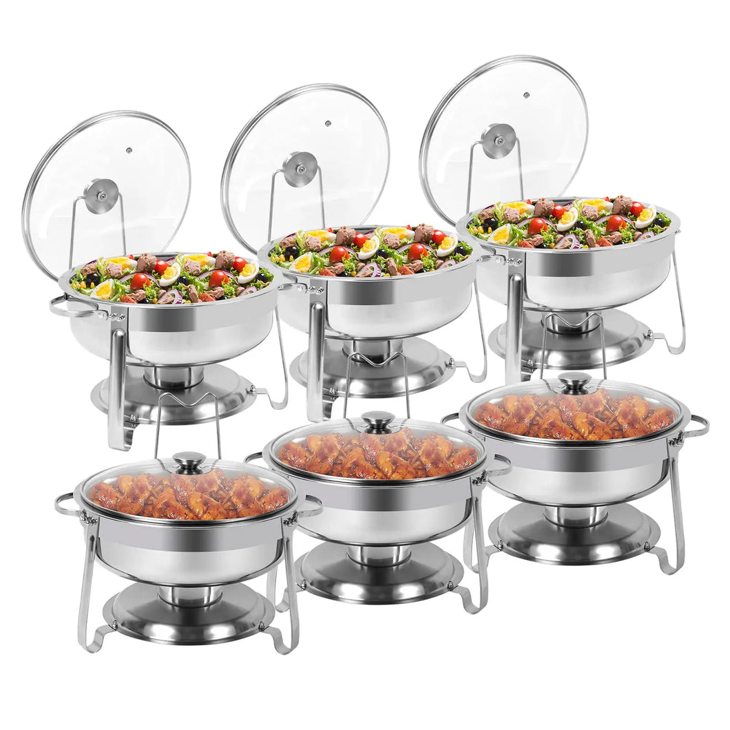 Round Chafing Dish Buffet Set, 6 Packs, 4 QT Stainless Steel Dishes with Glass Lid & Holder