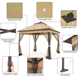 11x11 Ft Outdoor Gazebo, Pop Up Canopy Shelter, Instant Patio Tent with 4 Sandbags