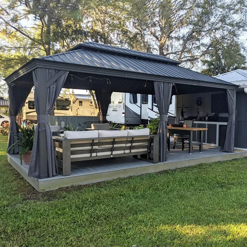 12'X20' Outdoor Gazebo - Aluminum Frame with Galvanized Steel Double Roof, Curtains and Netting Included