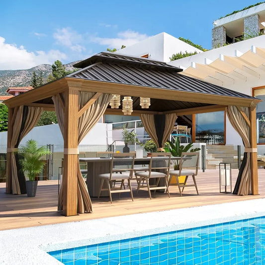 Premium 12'x14' Outdoor Gazebo - Wooden Look Coated Aluminum Frame, Canopy with Curtains for Backyard or Deck