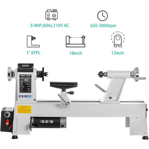 12" x 18" Woodworking Lathe - 3/4HP, 650-3800 RPM Variable Speed, Includes Goggle