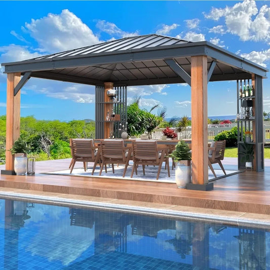 Premium 12'x14' Outdoor Gazebo - Wood Grain Metal Construction, Vertical Stripe Iron Roof, Storage Rack